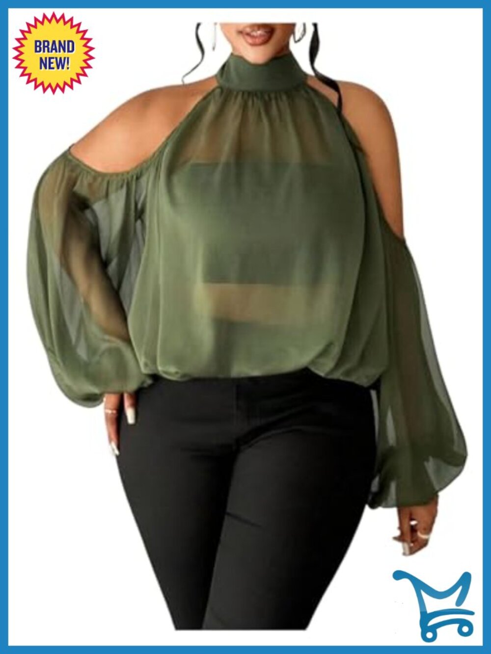 Plus Size Cold Shoulder Sheer Blouse Mock Neck Lantern Sleeve Top
